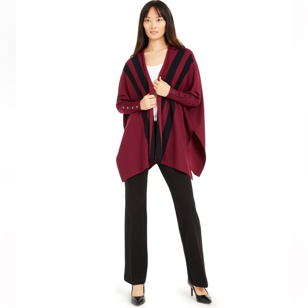 ALFANI Striped Open-Front Poncho Cardigan PS SP Petite Small EUC $80 Black Ivory - Picture 10 of 14